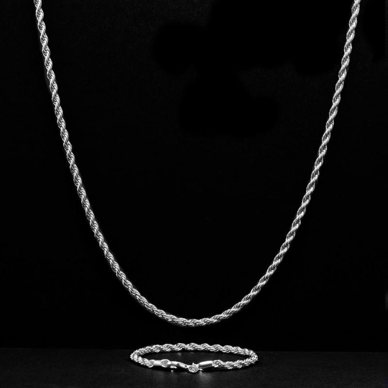 3-5mm Rope Link Chain White Gold Plated Necklace and Bracelet Set-silviax