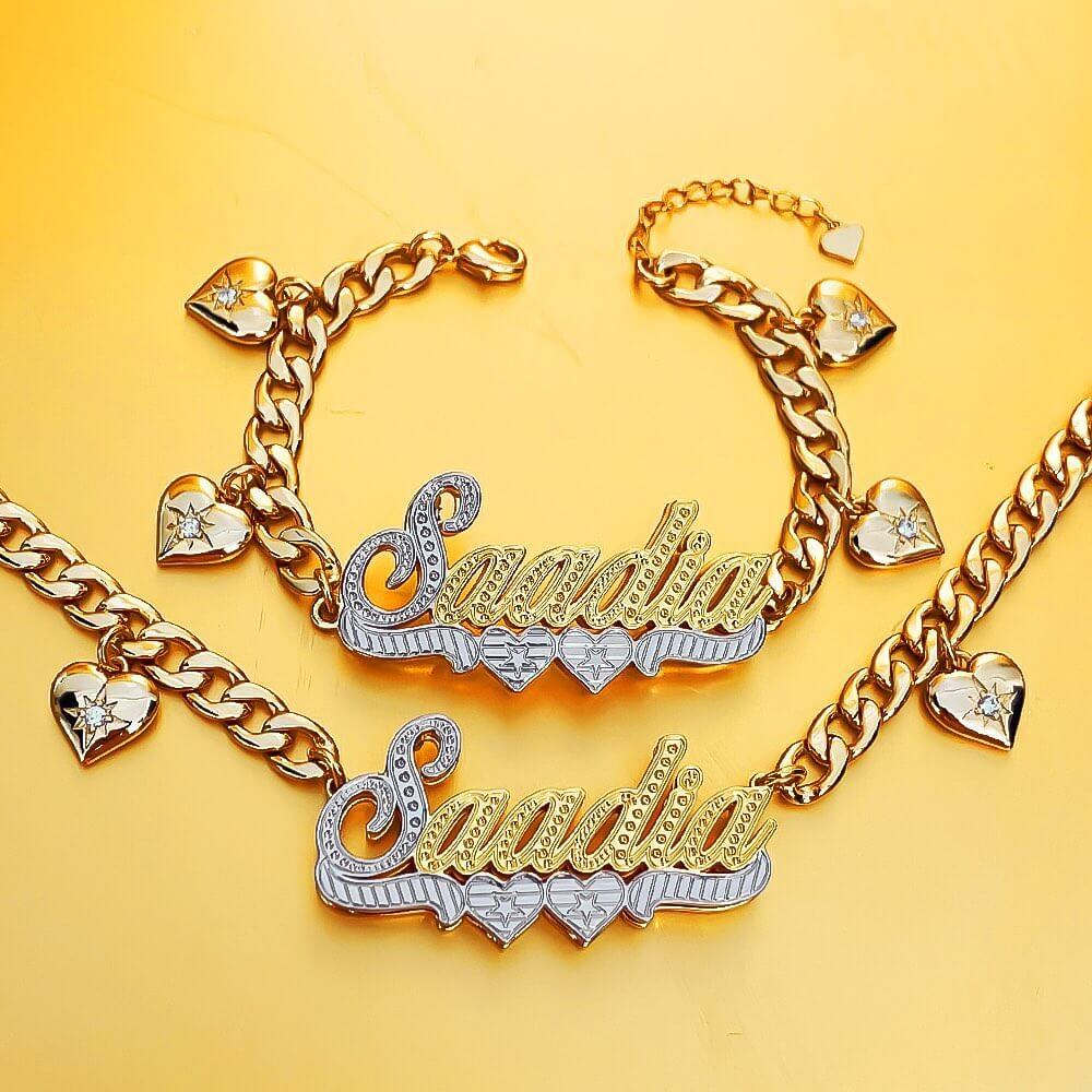 Double Layer Two Tone Two Hearts Nameplate Cuban Chain With Heart Personalized Custom Gold Plated Name Necklace And Bracelet Set-silviax