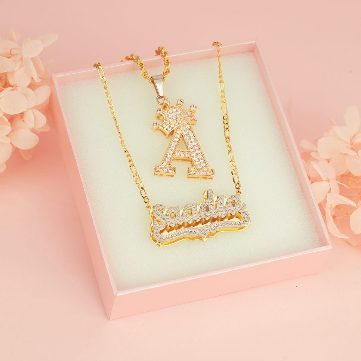 Crown Letter Initial Necklace and Double Plate Two-tone Name Necklace Personalized Custom Gold Plated
