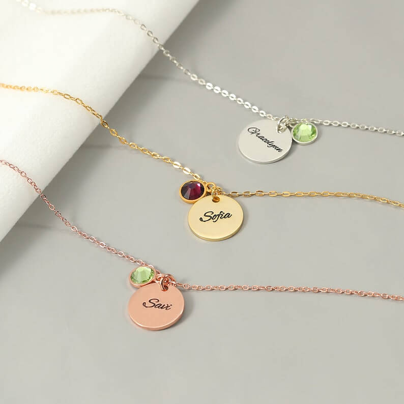 Round Pendant Engrave Name with Birthstone Personalized Custom Gold Plated Engraved Necklace-silviax