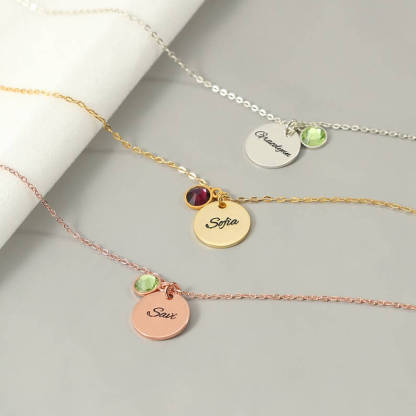 Round Pendant Engrave Name with Birthstone Personalized Custom Gold Plated Engraved Necklace-silviax