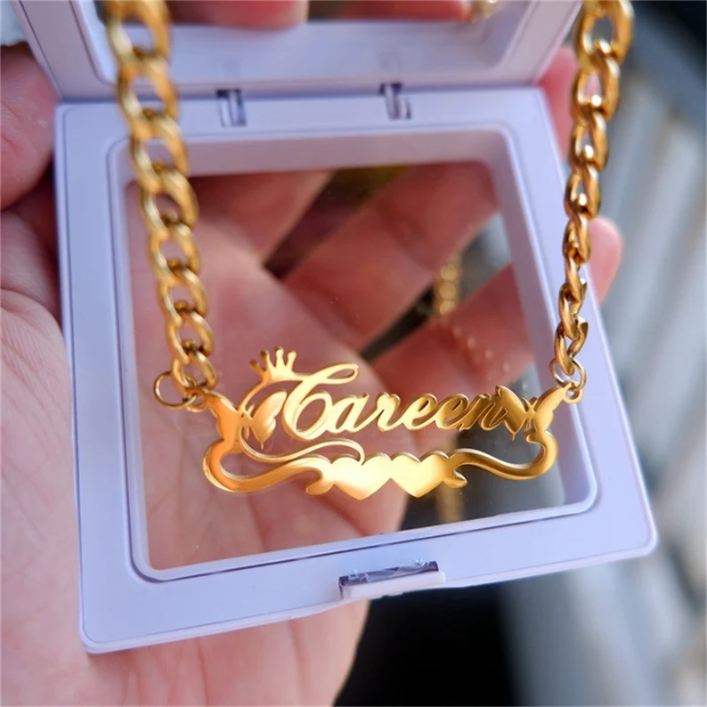 Gold Plated Two Butterfly Double Heart Nameplate with Crown Personalized Custom Name Necklace-silviax