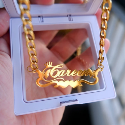 Gold Plated Two Butterfly Double Heart Nameplate with Crown Personalized Custom Name Necklace-silviax
