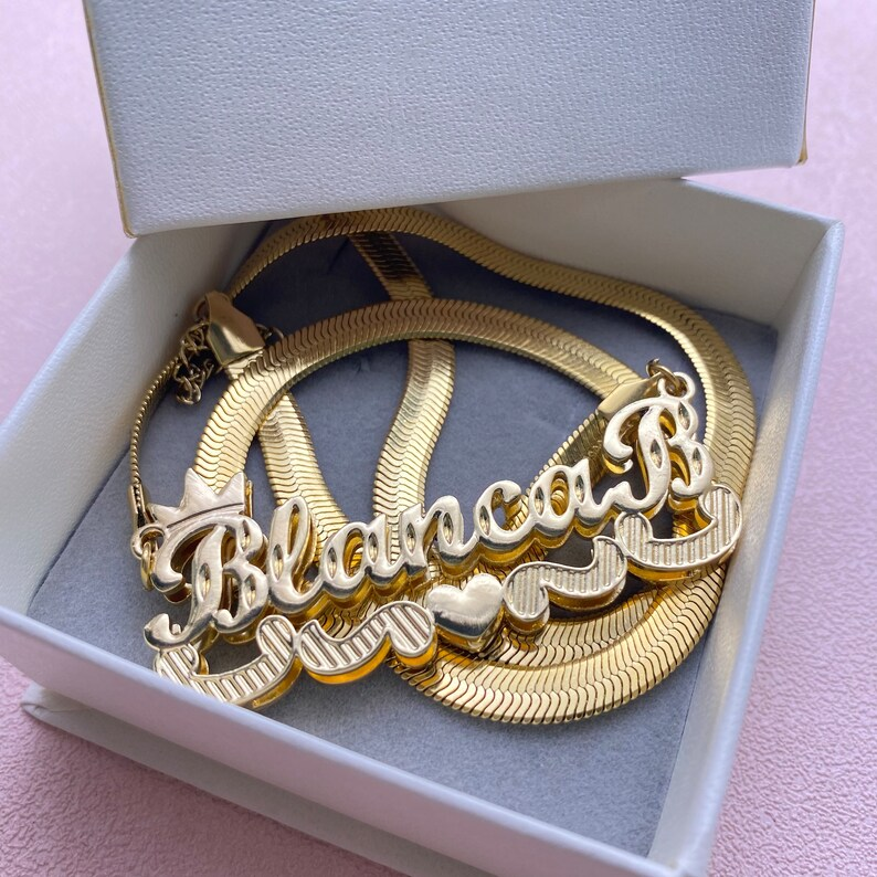 Snake Chain Double Layer Crown and Heart Diamond Cut Personalized Custom Gold Plated 3D Name Necklace-silviax