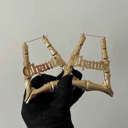 Old English Custom Personalized Gold Plated Trapezoid Bamboo Name Earrings-silviax