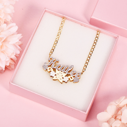 Double Layer Two Tone With Butterfly Flower And Heart Personalized Custom Name Necklace-silviax