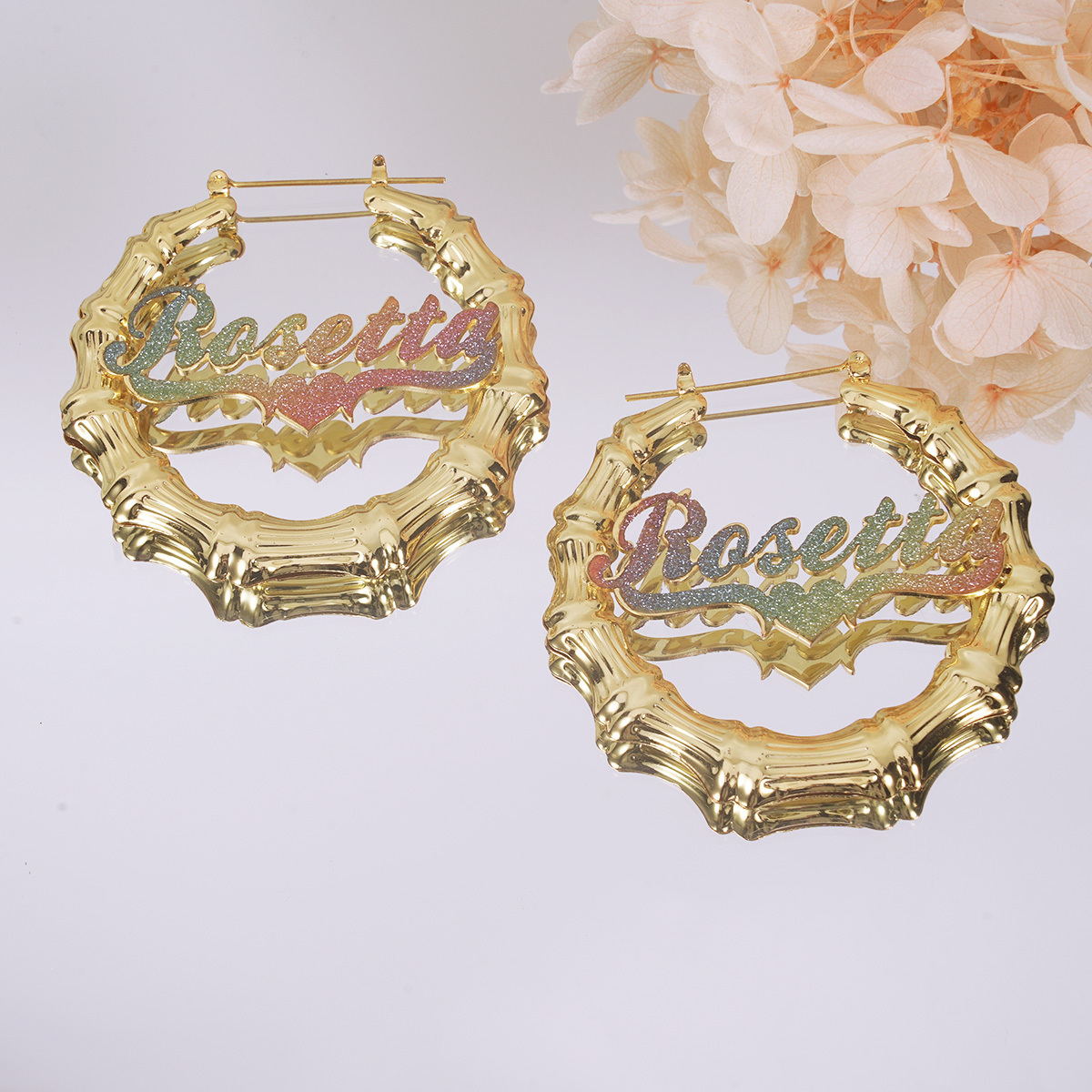 Colorful Nameplate with Heart Personalized Bamboo Name Hoop Earrings-silviax