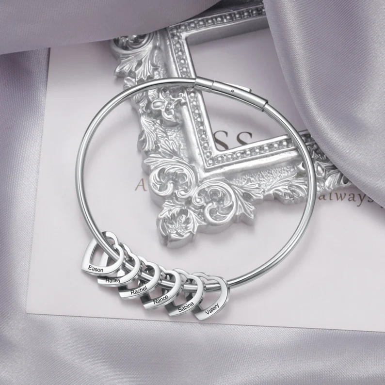 Personalized Family Name Bangle Bracelet with Hollow Heart 2-6 Names-silviax