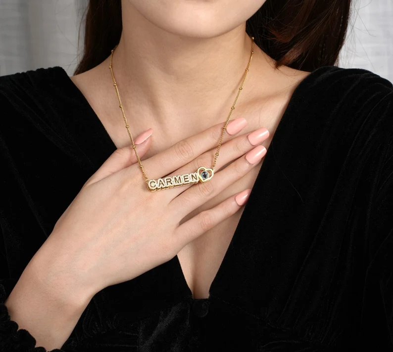 Double Plate Zirconia Custom Heart Name Photo Projection Necklace Mother Gift-silviax