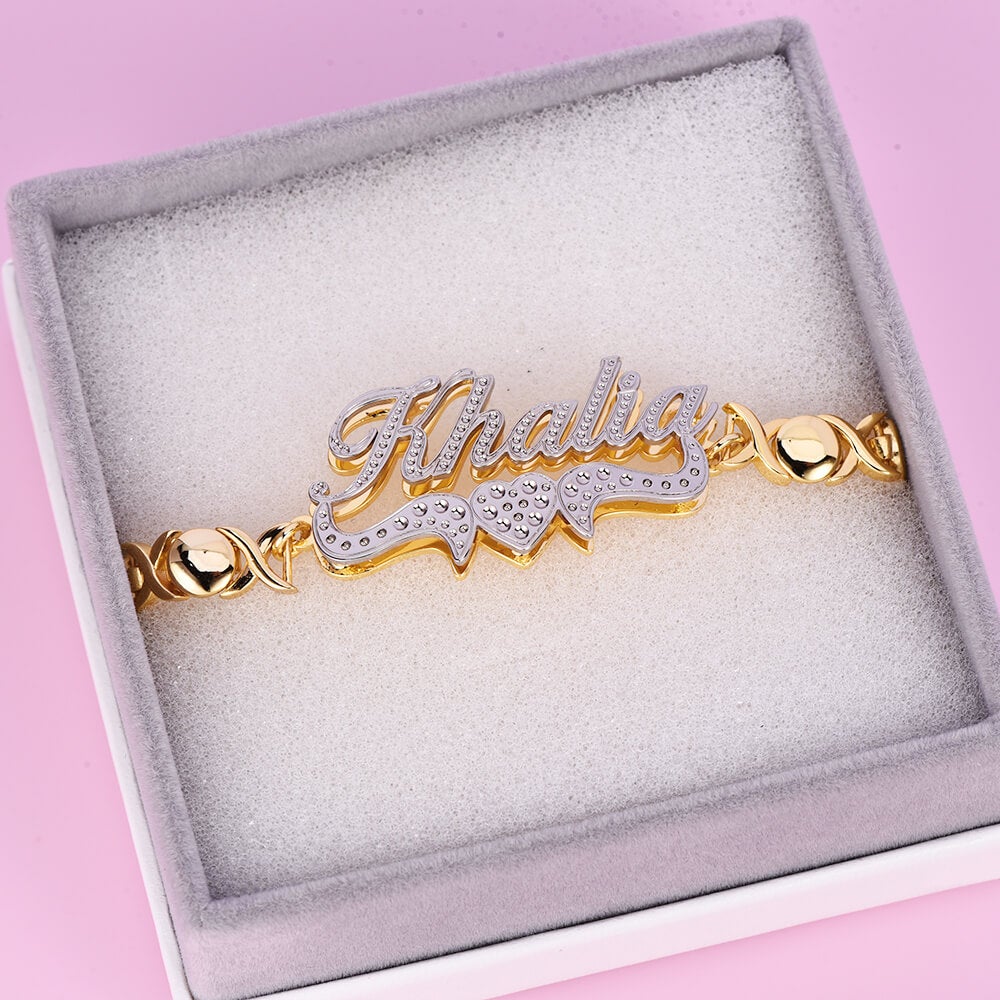 Double Layer Two Tone Heart Nameplate with XOXO Chain Personalized Custom Gold Plated Name Bracelet-silviax