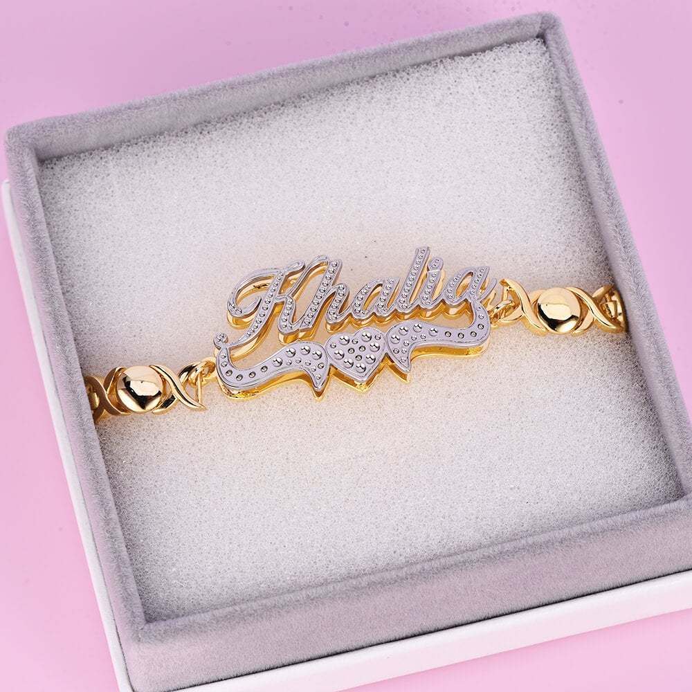 Double Layer Two Tone Heart Nameplate with XOXO Chain Personalized Custom Gold Plated Name Bracelet-silviax