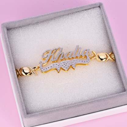 Double Layer Two Tone Heart Nameplate with XOXO Chain Personalized Custom Gold Plated Name Bracelet-silviax