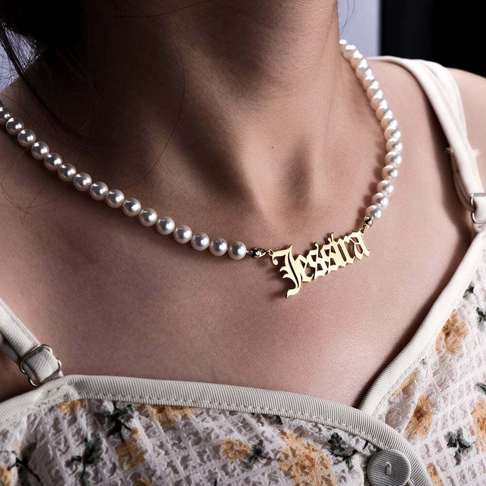 Old English Font with Pearl Chain Personalized Custom Gold Plated Name Necklace-silviax