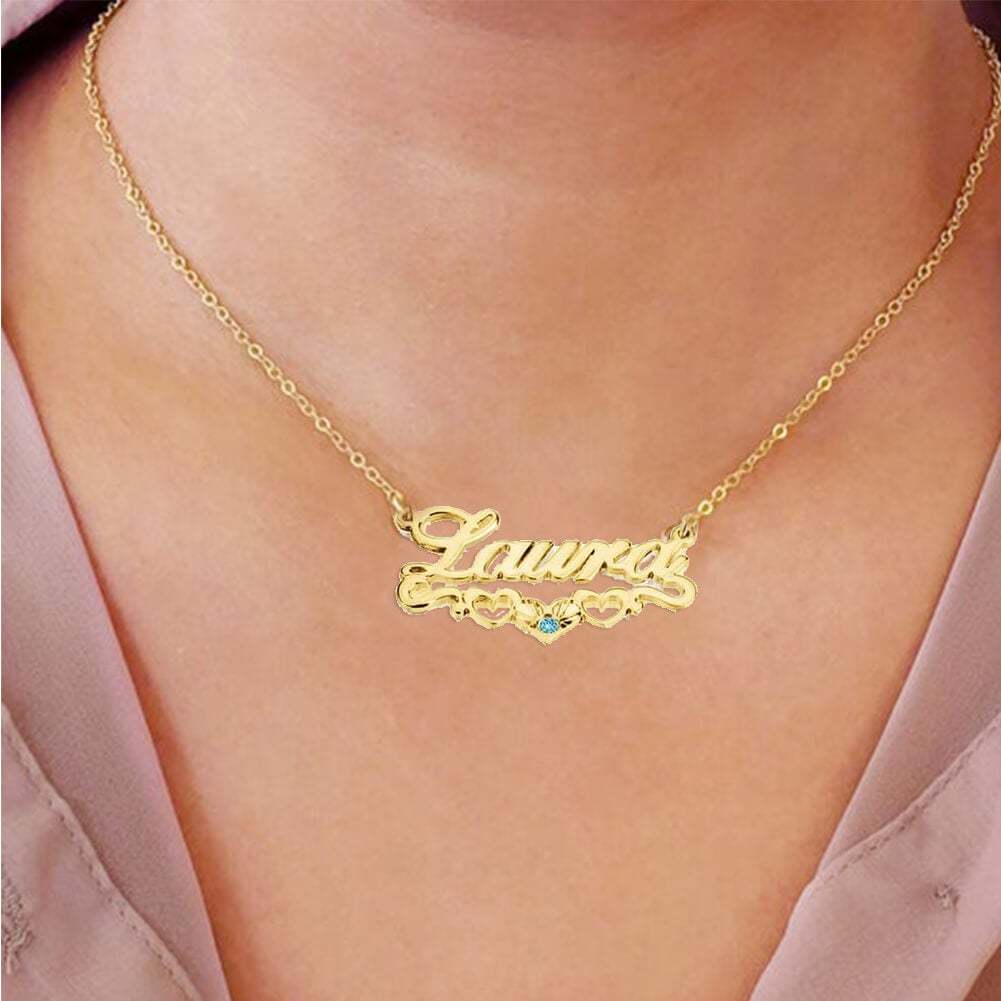 Three Hollow Heart with Birthstone Gold Plated Personalized Custom Name Necklace Mother Gift-silviax