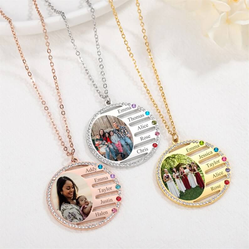 2 To 5 Names With Birthstone And Photo Round Pendant Personalized Custom Gold Plated Family Necklace