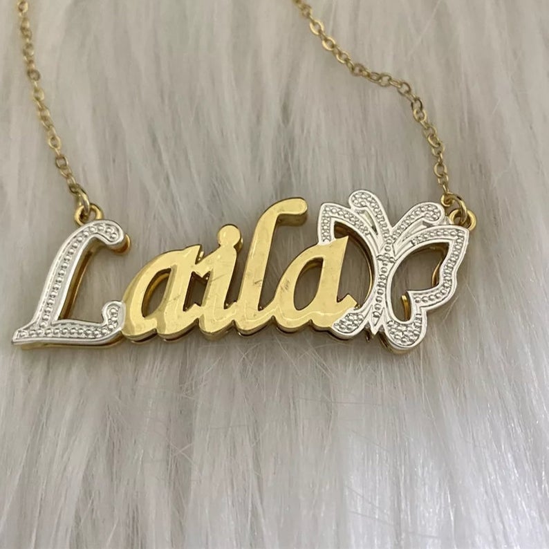 Double Layer Two Tone Butterfly Personalized Custom Gold Plated Name Necklace-silviax