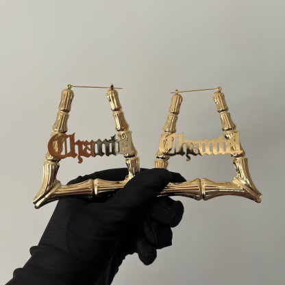 Old English Custom Personalized Gold Plated Trapezoid Bamboo Name Earrings-silviax