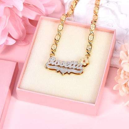 Double Plate Two Tone Birthstone Flower Heart with XOXO Chain Personalized Custom Gold Plated Name Necklace-silviax