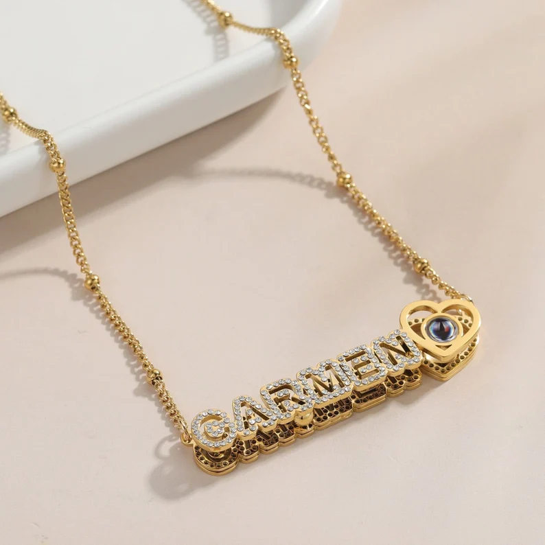 Double Plate Zirconia Custom Heart Name Photo Projection Necklace Mother Gift-silviax