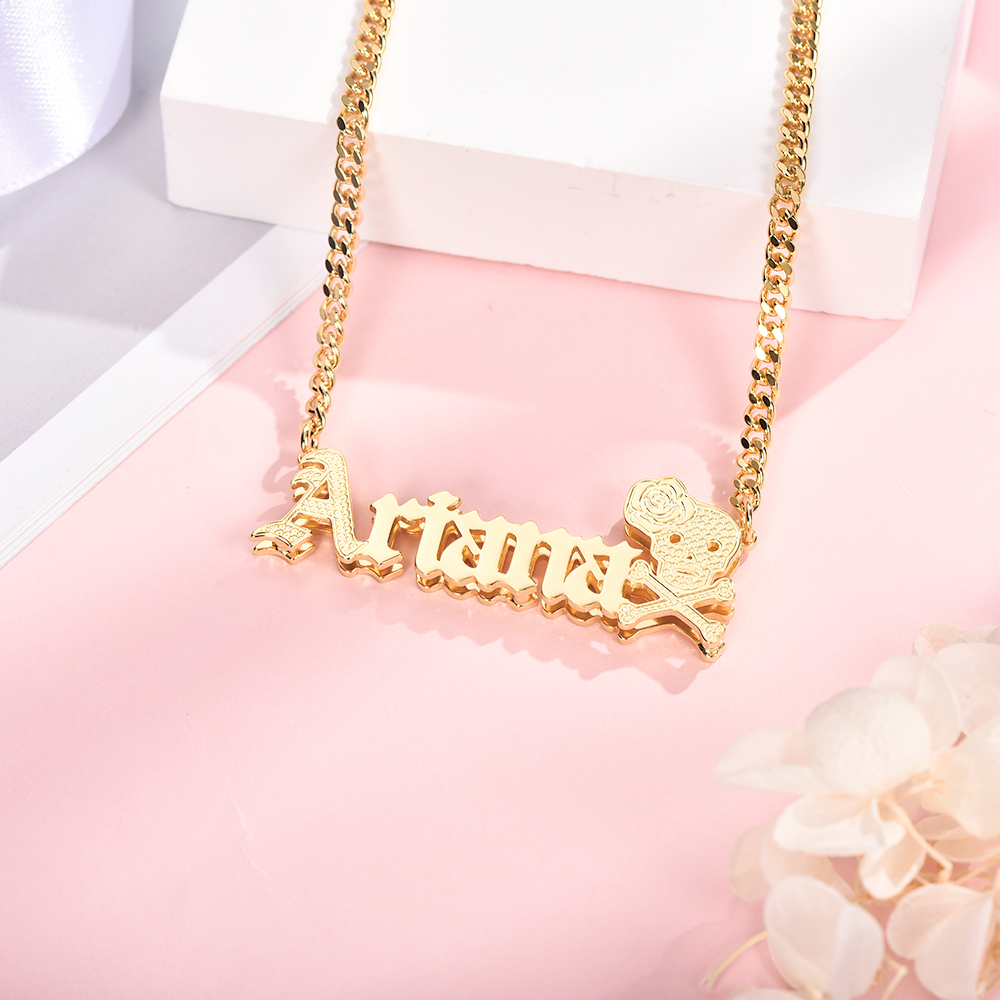 Halloween Cuban Chain Skull and Rose Double Layer Personalized Custom Old English Name Necklace-silviax