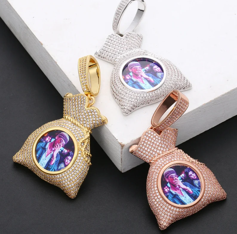 Iced Out Zircon Money Bag Personalized Custom Gold Plated Photo Pendant Necklace