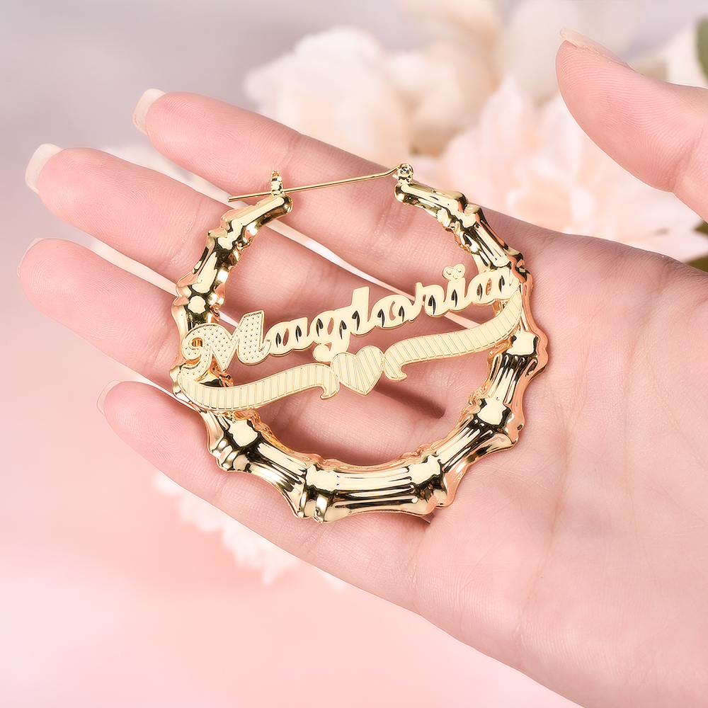 Heart Underline Nameplate Personalized Custom Gold Plated Bamboo Name 