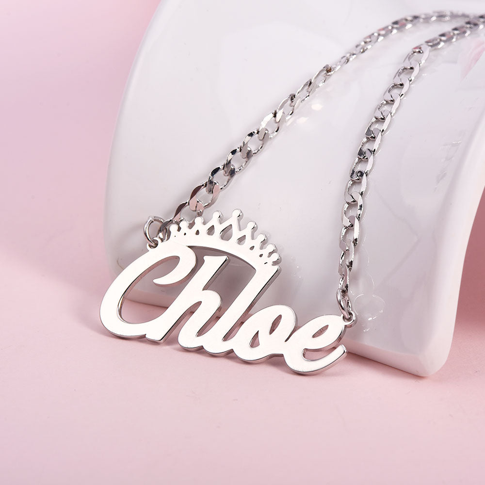 Crown Nameplate Personalized Custom White Gold Name Necklace-silviax