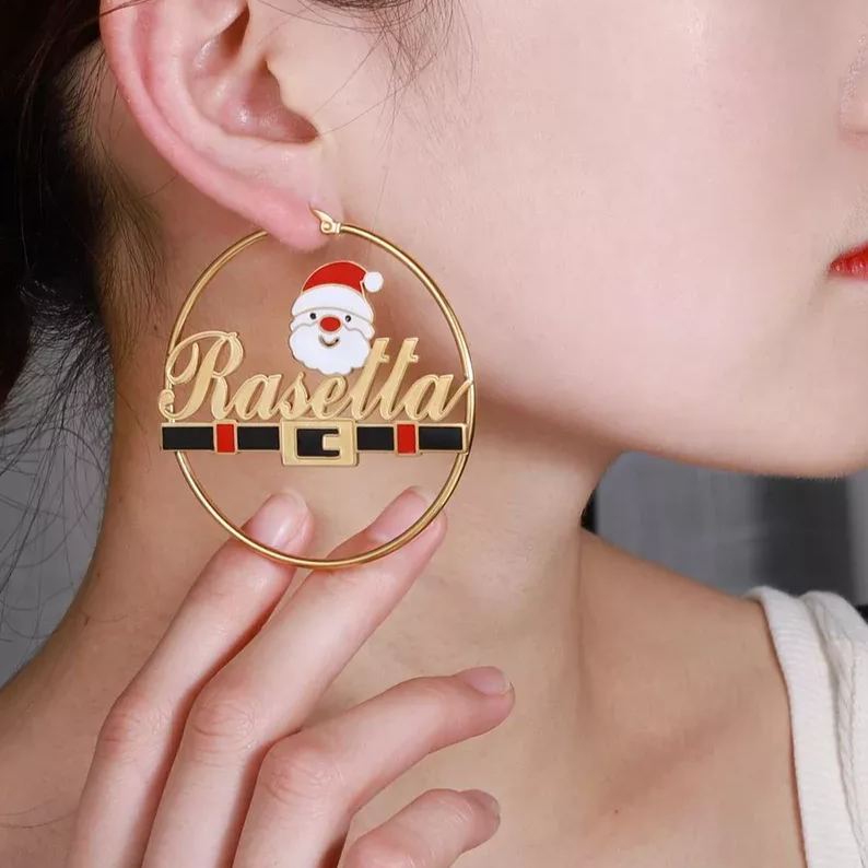 Cartoon Christmas Father Santa Nameplate Hoop Earrings Gold Plated Name Earrings -silviax
