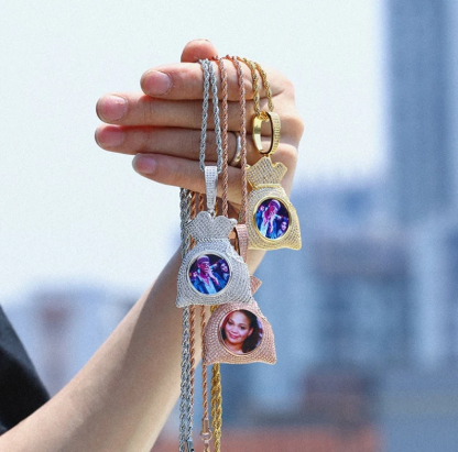 Iced Out Zircon Money Bag Personalized Custom Gold Plated Photo Pendant Necklace-silviax