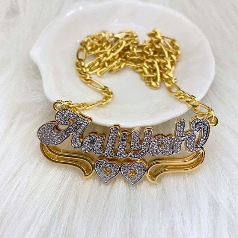 Double Layer Two Tone Two Hearts Personalized Custom Gold Plated Name Necklace-silviax