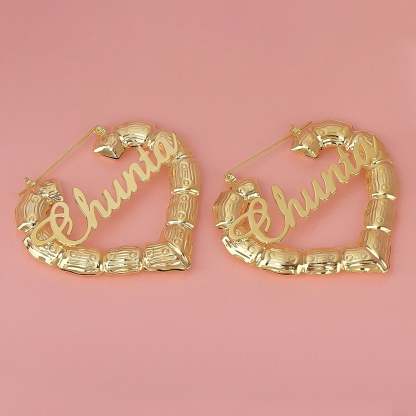 Gold Plated Personalized Heart Bamboo Name Earrings-silviax
