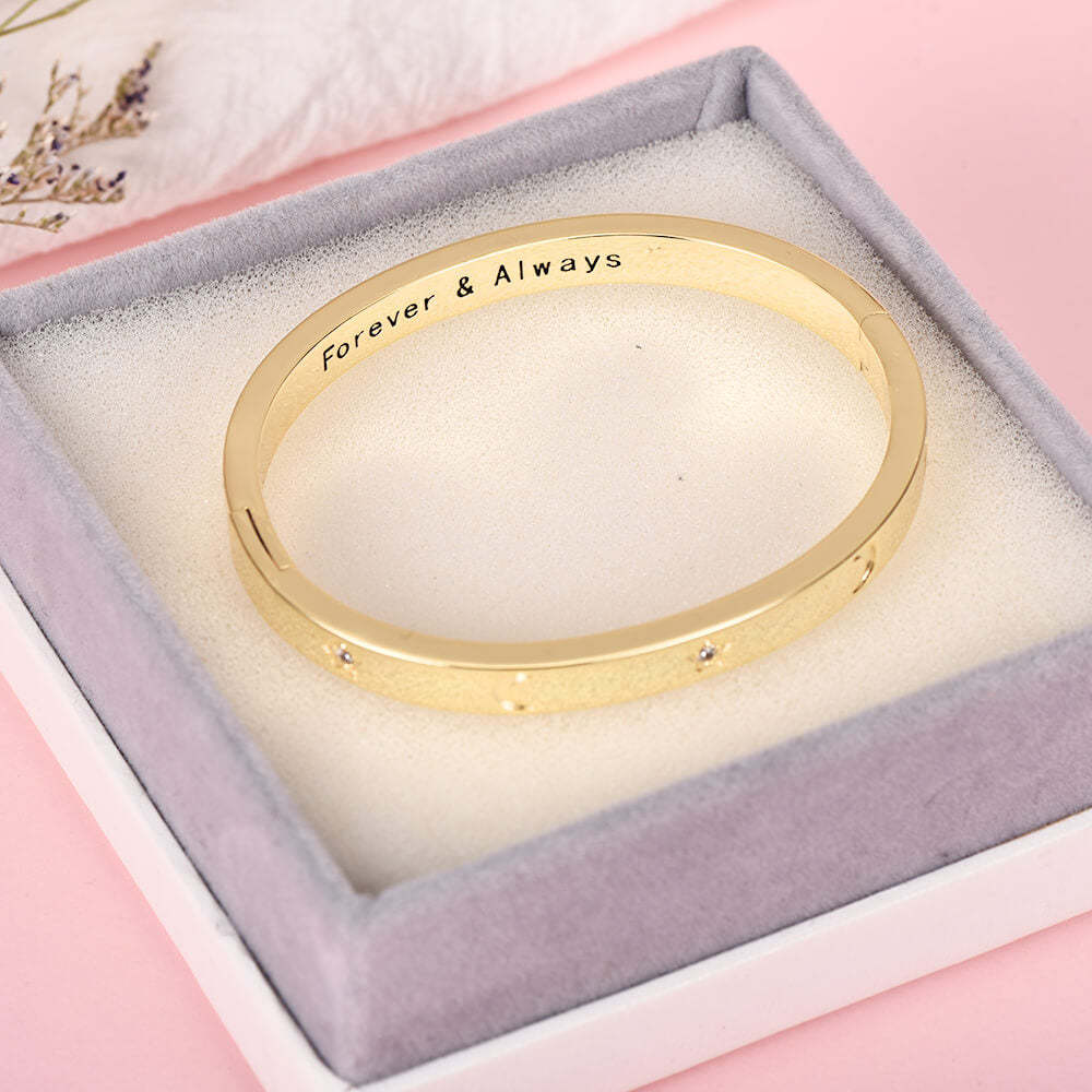 Moon And Inlaid Zircon Star Pattern Gold Plated Personalized Custom Engraved Bangle Bracelet-silviax