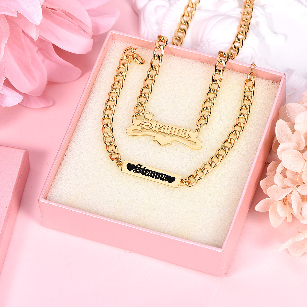Personalized Three Heart and Crown Nameplate Necklace and Two Hearts Engraved Bar Name Bracelet Set-silviax