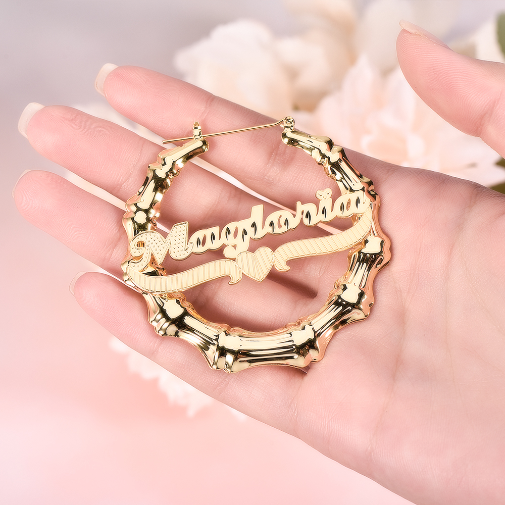 Heart Underline Nameplate Personalized Custom Gold Plated Bamboo Name Earrings-silviax