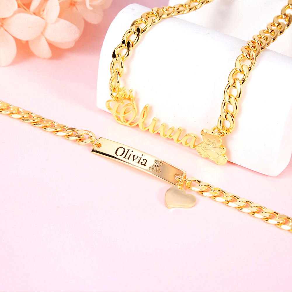 Personalized Crown and Teddy Nameplate Necklace and Heart Pendant Engraved Bar Name Bracelet Set-silviax