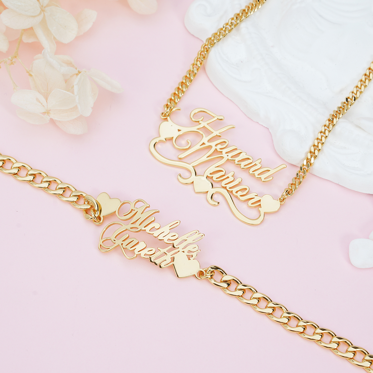 Personalized Cuban Chain Heart Name Necklace And Name Bracelet Jewelry Set 2pcs Gift For Love