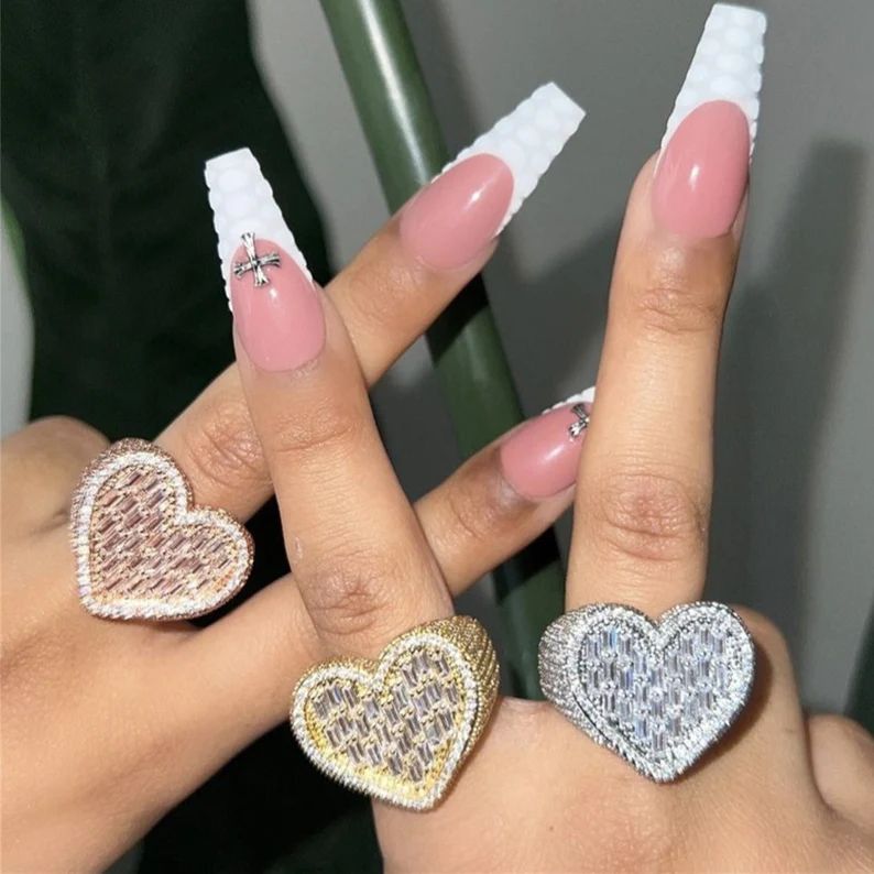 Love Heart Iced Out Diamond Baguette Heart Ring Gold Plated Cubic Zircon Ring Hip Hop Style-silviax