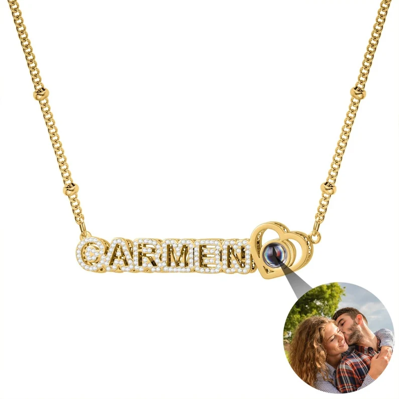 Double Plate Zirconia Custom Heart Name Photo Projection Necklace Mother Gift-silviax
