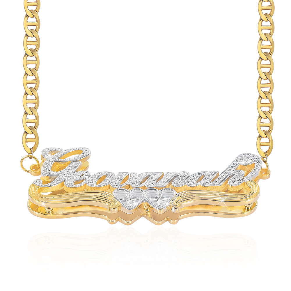 Mariner Chain Two Tone Double Plate Two Heart Personalized 3D Name Necklace-silviax