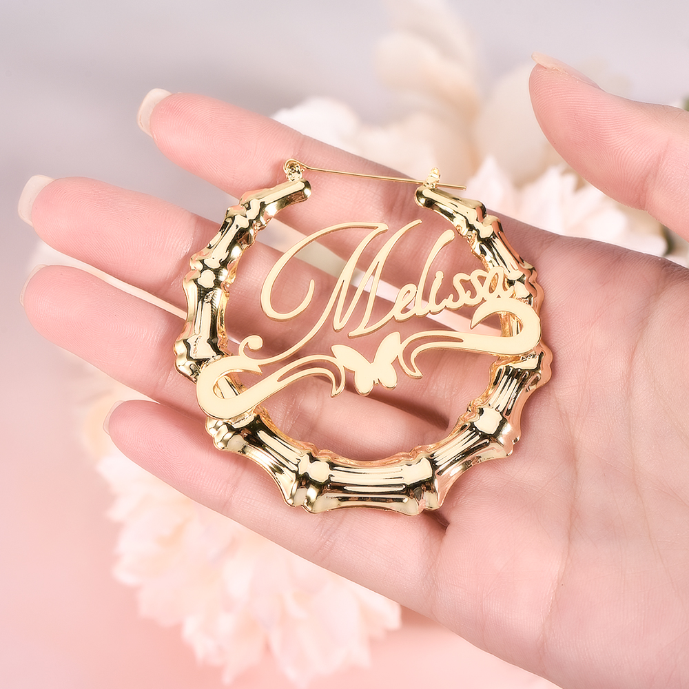 Personalized Custom Gold Plated Underline Butterfly Nameplate Bamboo Earrings-silviax