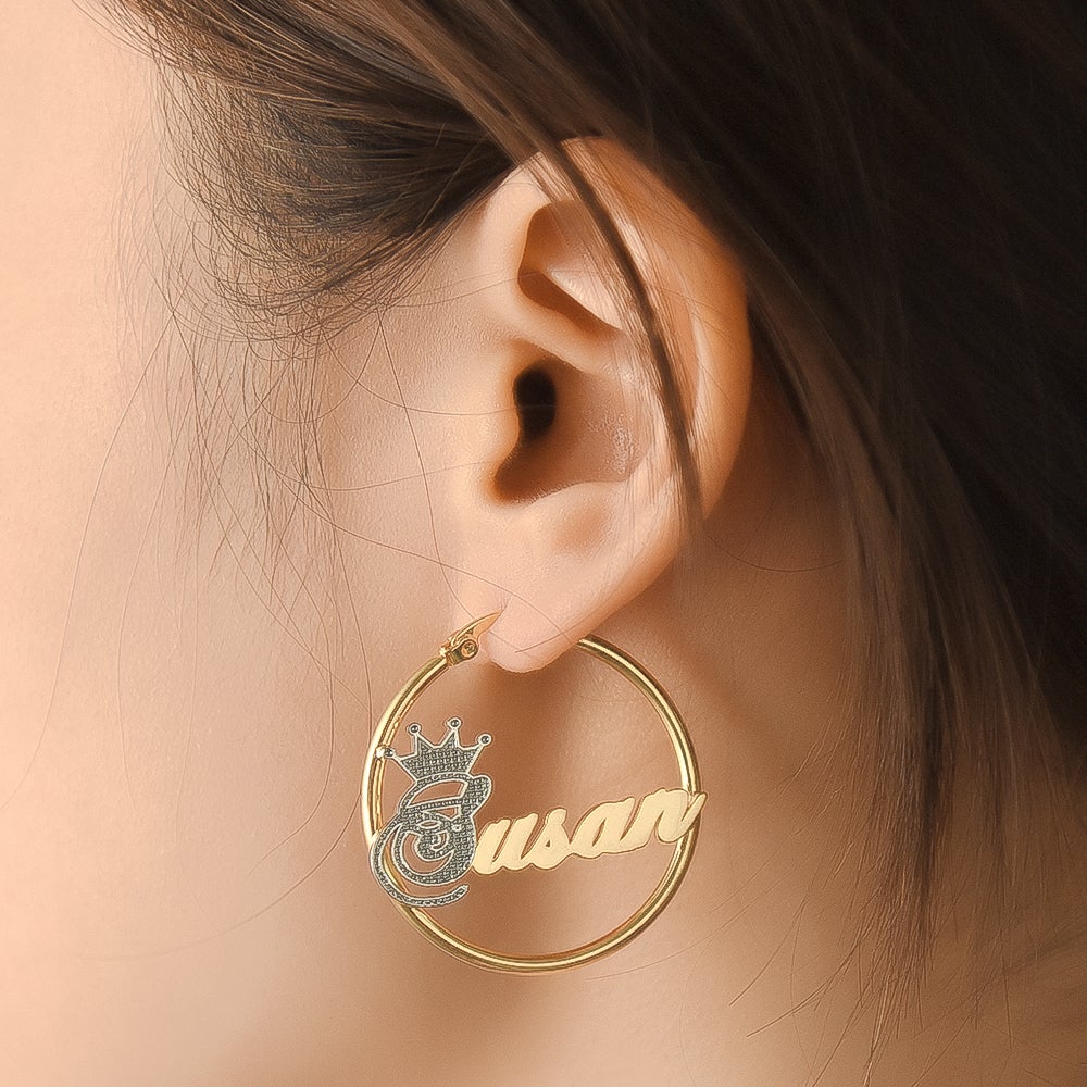 Gold Plated Personalized Two Tone Hoop Name Earrings with Crown-silviax