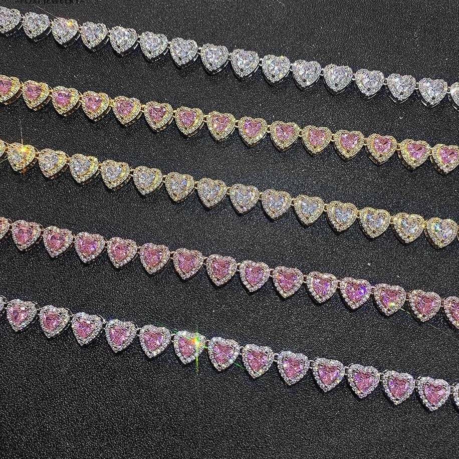 10mm Pink Heart Shaped Zircon Chain Gold Plated Necklace Hip Hop Style Jewelry-silviax