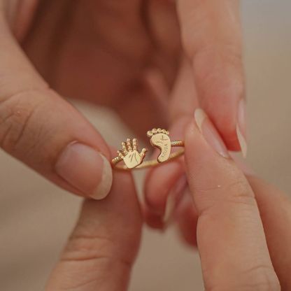 Baby Footprint And Handprint Personalized Engraved Name Ring-silviax