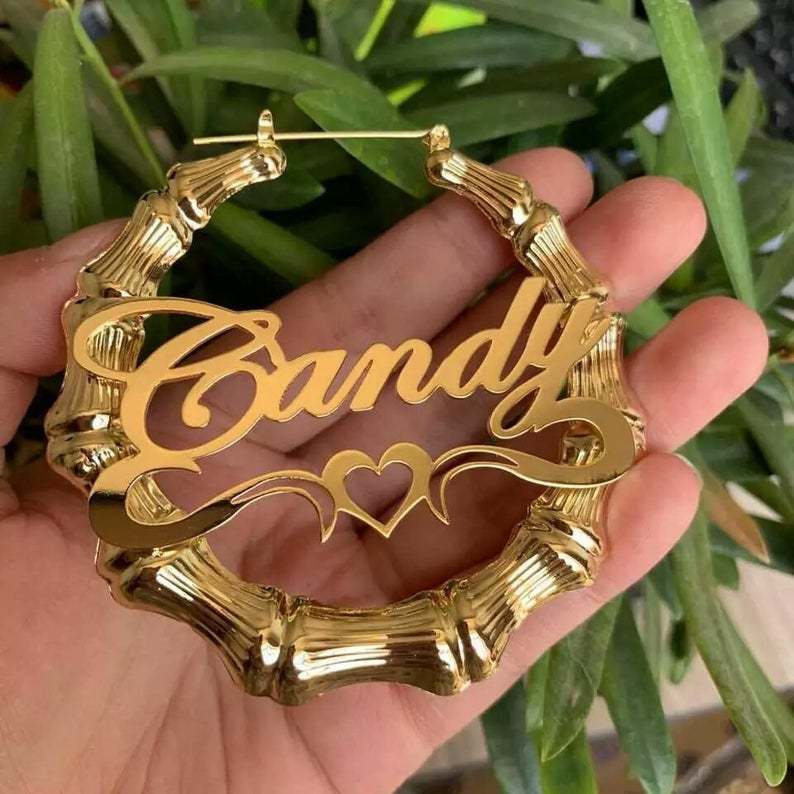 Bamboo Hoop with Heart Personalized Custom Name Earrings Gold Plated-silviax