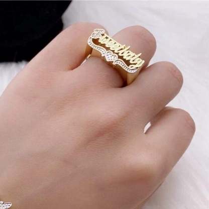 Two Tone Nameplate with Heart Personalized Custom Gold Plated Name Ring-silviax