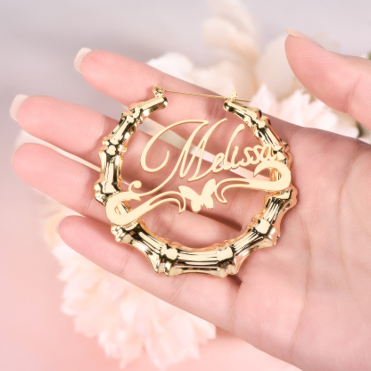 Personalized Custom Gold Plated Underline Butterfly Nameplate Bamboo Earrings-silviax