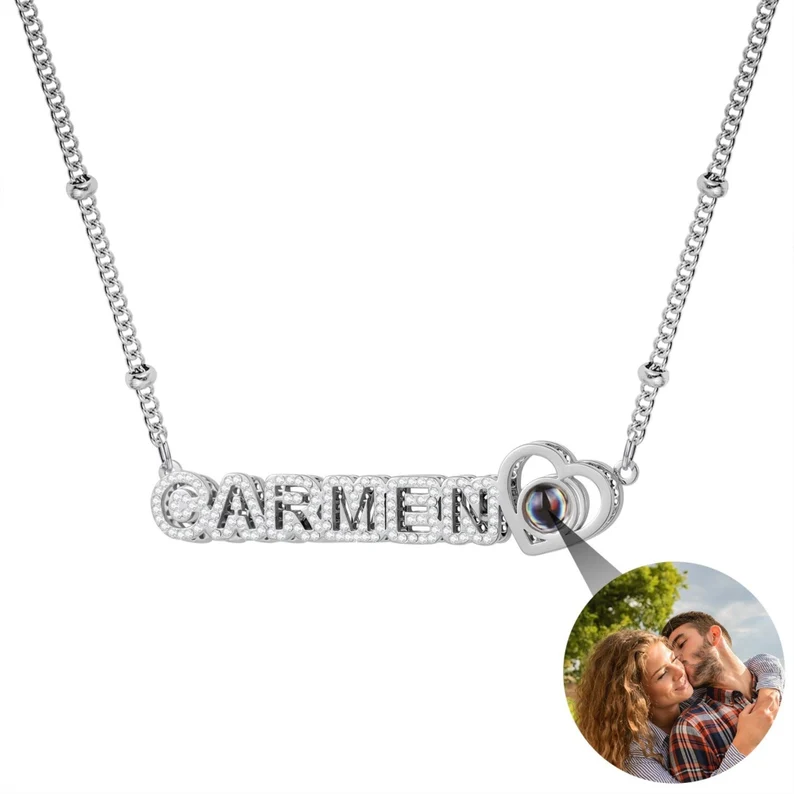 Double Plate Zirconia Custom Heart Name Photo Projection Necklace Mother Gift-silviax