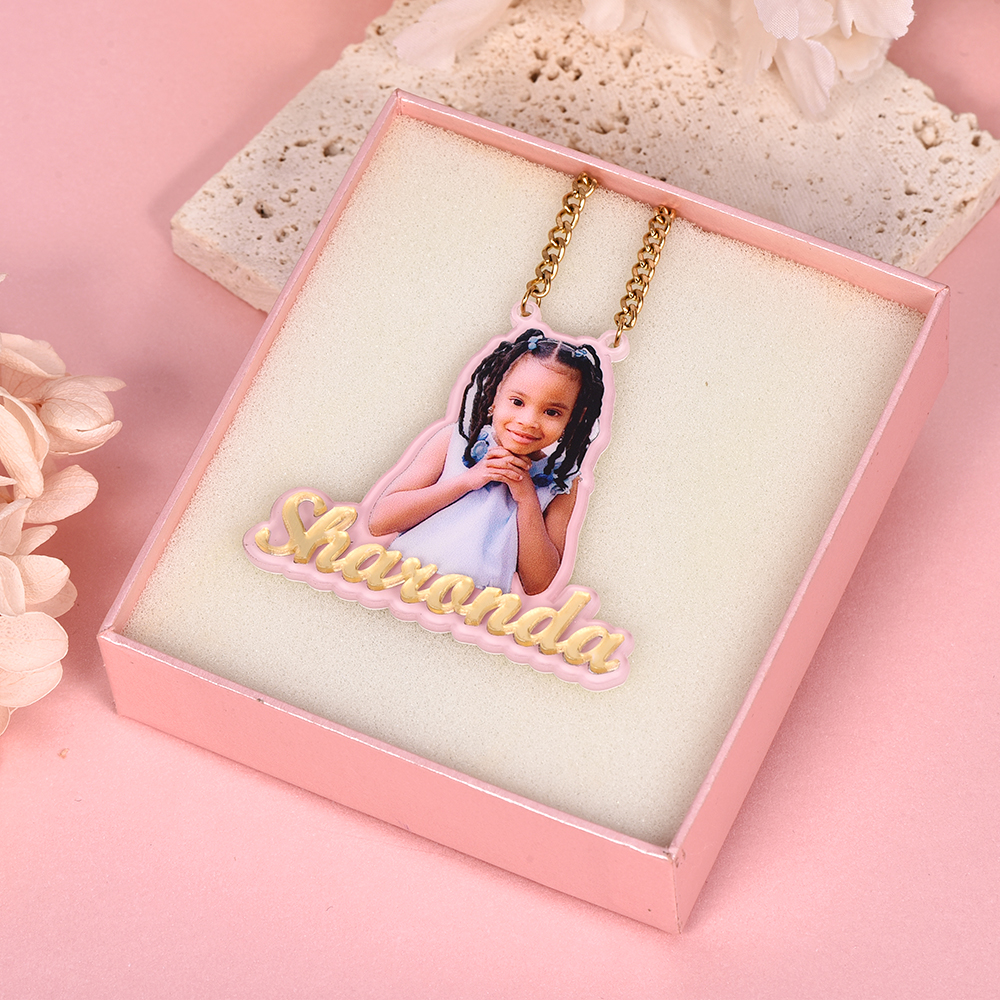 Pink Acrylic Portrait Photo with Nameplate Personalized Name Necklace-silviax