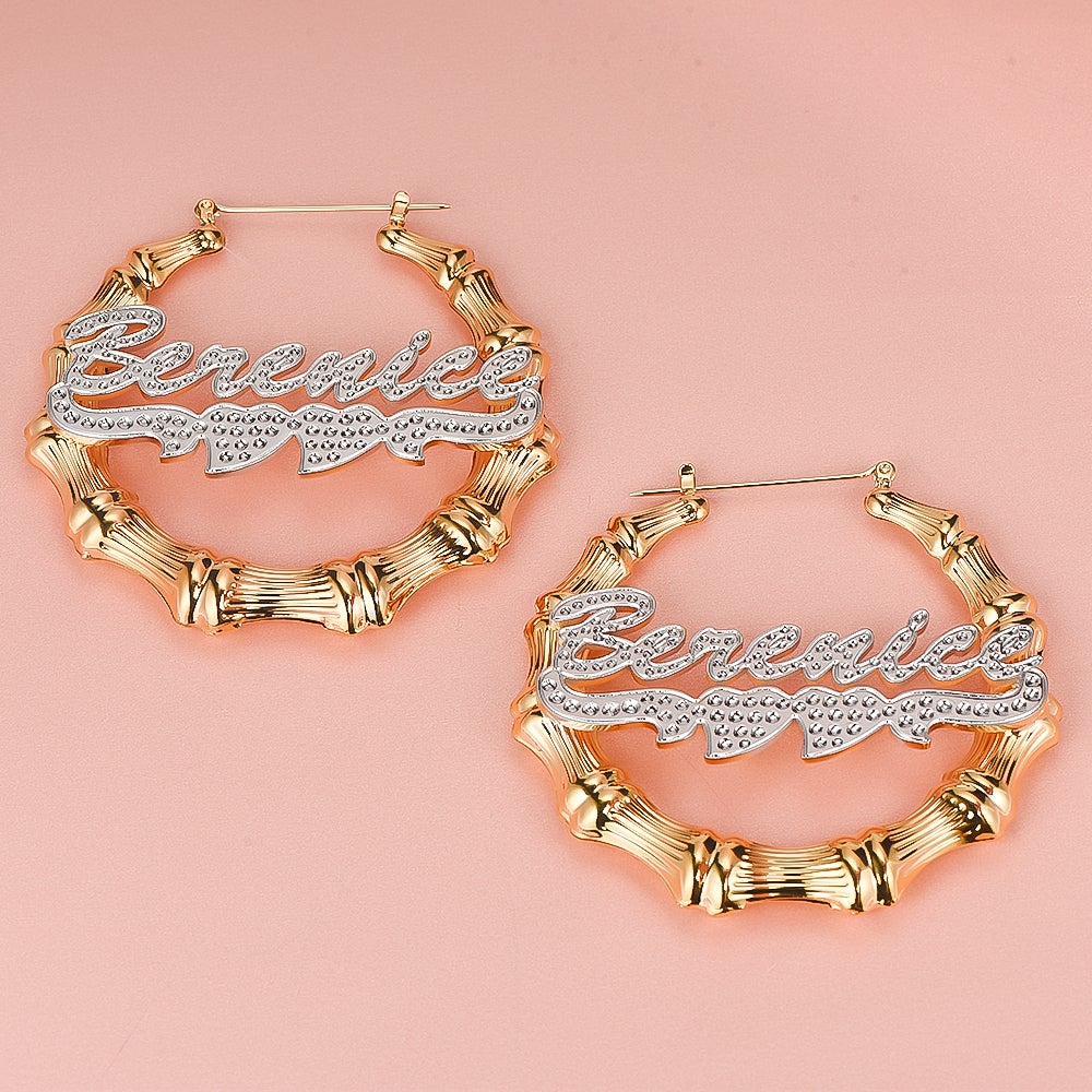 Two Tone Double Heart Hoop Bamboo Personalized Custom Name Earrings Gold Plated-silviax