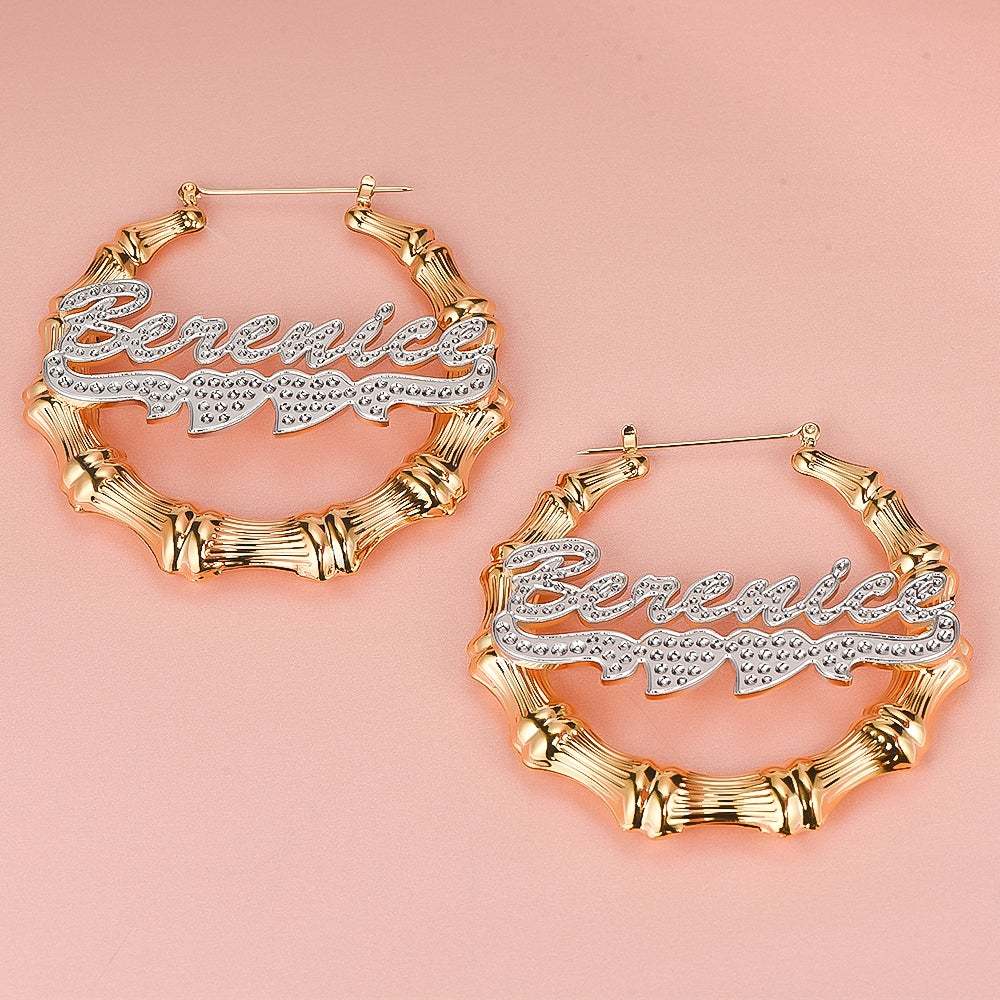 Two Tone Double Heart Hoop Bamboo Personalized Custom Name Earrings Gold Plated-silviax
